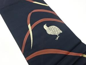 服部織物製　こはく錦芝に鳥模様織出し袋帯